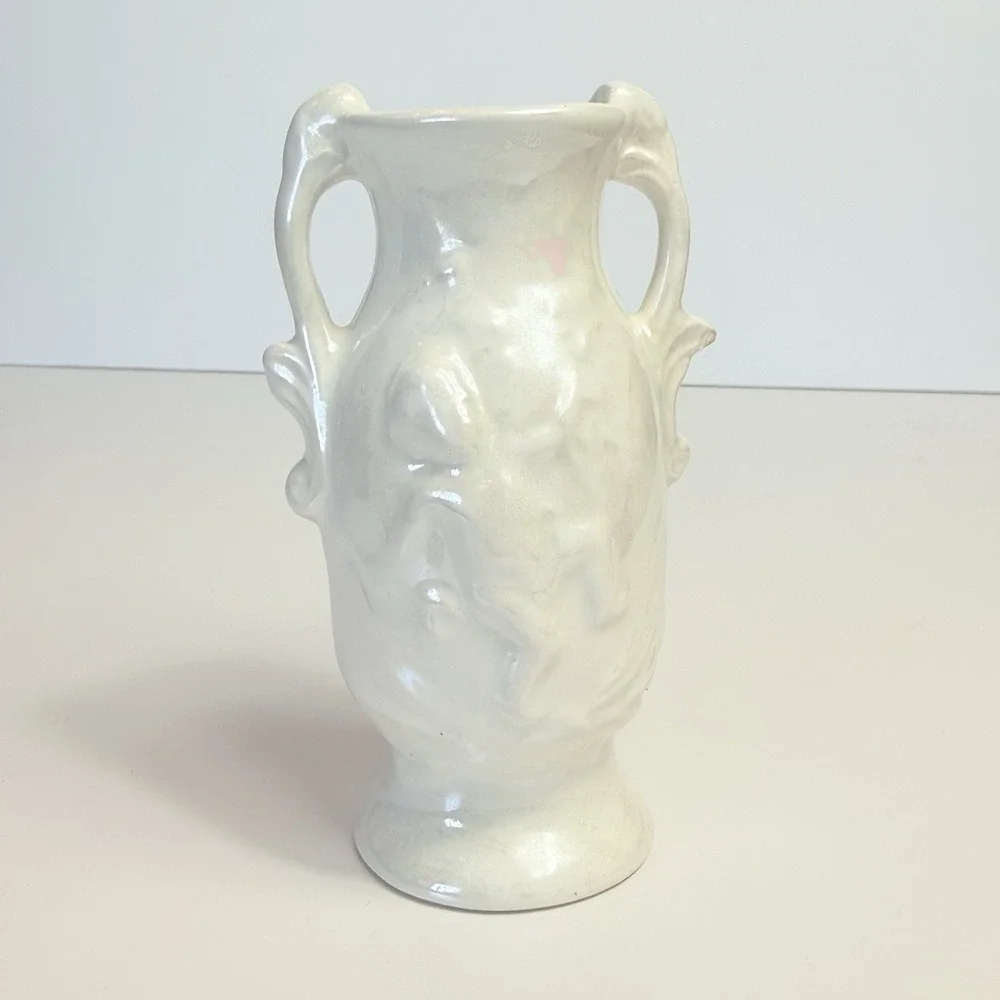 Vintage White Lusterware Cherub Mantle Vase Pair Mid Century Cherubs Set 2